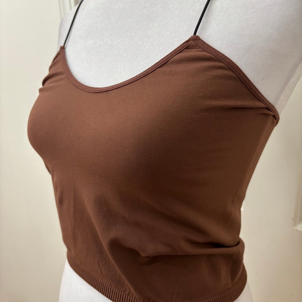 Free People Spaghetti Strap Cami Crop Tank Top M/L Brown Boho Minimalist‎